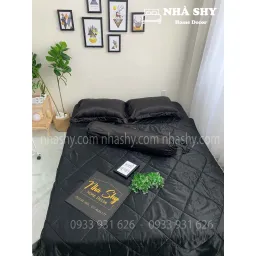 Trọn Bộ Drap Giường Phi Lụa Bóng Cao Cấp - Màu Đen - Mã 02