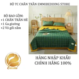 Bộ Chăn Ga Gối Cotton Tici Chăn Trần Mẫu Kẻ Xanh Rêu Drap Nệm Thun Lạnh Hàn Quốc