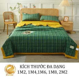 Bộ Chăn Ga Gối Cotton Tici Chăn Trần Mẫu Kẻ Xanh Rêu Drap Nệm Thun Lạnh Hàn Quốc