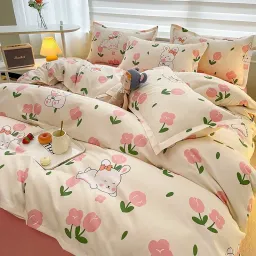 Bộ Chăn Ga Gối Emmibedding, Drap Cotton Poly Hàn Quốc Mẫu Thỏ Tulip