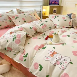 Bộ Chăn Ga Gối Emmibedding, Drap Cotton Poly Hàn Quốc Mẫu Thỏ Tulip