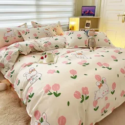 Bộ Chăn Ga Gối Emmibedding, Drap Cotton Poly Hàn Quốc Mẫu Thỏ Tulip