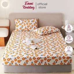 Bộ Ga Giường EmmiBedding 100% Cotton, Bộ Ga Chun Và 2 Vỏ Gối Miễn Phí Bo Chun