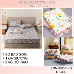 Bộ Ga Giường EmmiBedding 100% Cotton, Bộ Ga Chun Và 2 Vỏ Gối Miễn Phí Bo Chun