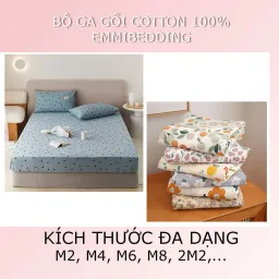 Bộ Ga Giường EmmiBedding 100% Cotton, Bộ Ga Chun Và 2 Vỏ Gối Miễn Phí Bo Chun