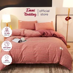 Bộ Chăn Ga Gối Cotton TC Emmidecor Kẻ Ngang Hồng Cam Miễn Phí Bo Chun Và Làm Ga Phủ Theo Yêu Cầu