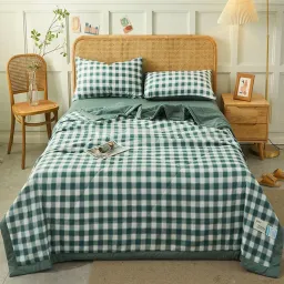 Bộ Chăn Ga Gối Cotton Tici Chăn Trần EMMI Bedding Mẫu Caro Xanh Lá, Grap Nệm Thun Lạnh Hàn Quốc Drap Giường Đệm Đủ Size