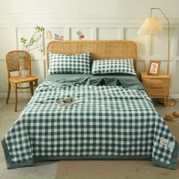 Bộ Chăn Ga Gối Cotton Tici Chăn Trần EMMI Bedding Mẫu Caro Xanh Lá, Grap Nệm Thun Lạnh Hàn Quốc Drap Giường Đệm Đủ Size