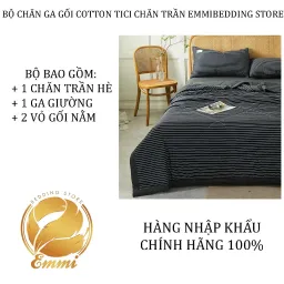 Bộ Chăn Ga Gối Cotton Tici Chăn Trần EMMI Bedding Mẫu Kẻ Đen Grap Nệm Thun Lạnh Hàn Quốc Drap Giường Đệm Đủ Size