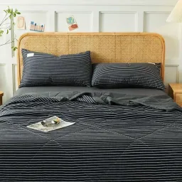 Bộ Chăn Ga Gối Cotton Tici Chăn Trần EMMI Bedding Mẫu Kẻ Đen Grap Nệm Thun Lạnh Hàn Quốc Drap Giường Đệm Đủ Size