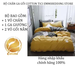 Bộ Chăn Ga Gối Cotton Tici Emmi Bedding Vàng Ga Ghi, Drap Giường Đủ Size Nệm 1m, 1m2, 1m4, 1m6, 1m8, 2m2 Không Kèm Ruột