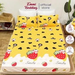 Bộ Ga Gối Cotton Poly EmmiBedding, Ga Chun Và 2 Áo Gối Nằm Siêu Xinh