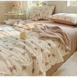 Bộ Ga Gối Kèm Chăn Trần Hè Set 4 Món Cotton Đũi Bong Bóng Mát Mềm Mịn EmmiBedding