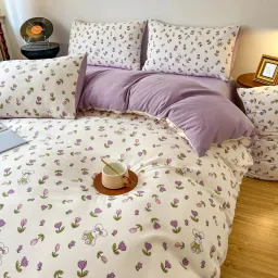 Chăn Ga Gối 4 Món Cotton Đũi Họa Tiết Vintage Hoa Nhí Decor Phòng Hàn Quốc Drap Nệm Bo Chun Phủ Giường EmmiBedding