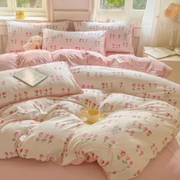 Chăn Ga Gối 4 Món Cotton Đũi Họa Tiết Vintage Hoa Nhí Decor Phòng Hàn Quốc Drap Nệm Bo Chun Phủ Giường EmmiBedding