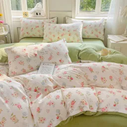 Chăn Ga Gối 4 Món Cotton Đũi Họa Tiết Vintage Hoa Nhí Decor Phòng Hàn Quốc Drap Nệm Bo Chun Phủ Giường EmmiBedding