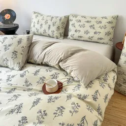 Chăn Ga Gối 4 Món Cotton Đũi Họa Tiết Vintage Hoa Nhí Decor Phòng Hàn Quốc Drap Nệm Bo Chun Phủ Giường EmmiBedding