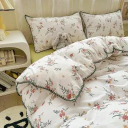 Chăn Ga Gối 4 Món Cotton Đũi Họa Tiết Vintage Hoa Nhí Decor Phòng Hàn Quốc Drap Nệm Bo Chun Phủ Giường EmmiBedding