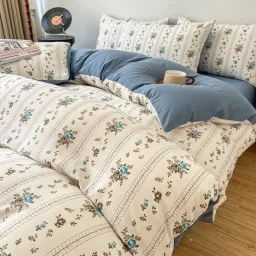 Chăn Ga Gối 4 Món Cotton Đũi Họa Tiết Vintage Hoa Nhí Decor Phòng Hàn Quốc Drap Nệm Bo Chun Phủ Giường EmmiBedding