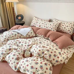 Chăn Ga Gối 4 Món Cotton Đũi Họa Tiết Vintage Hoa Nhí Decor Phòng Hàn Quốc Drap Nệm Bo Chun Phủ Giường EmmiBedding