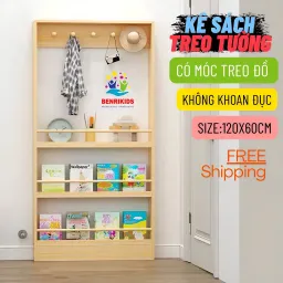 Kệ Sách Treo Tường Có Móc Treo Đồ Không Cần Khoan Đục Tường Tiện Lợi Dễ Lắp Đặt, Giá Đựng Sách Đựng Đồ Nhiều Tầng Cho Bé