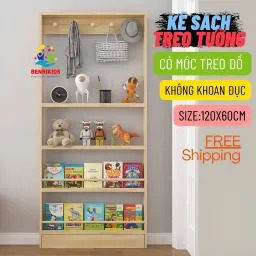 Kệ Sách Treo Tường Có Móc Treo Đồ Không Cần Khoan Đục Tường Tiện Lợi Dễ Lắp Đặt, Giá Đựng Sách Đựng Đồ Nhiều Tầng Cho Bé