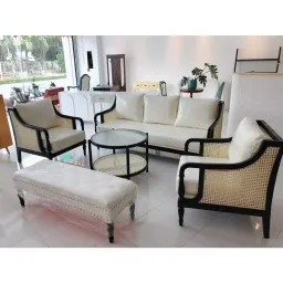 Combo Sofa Phong Cách Indochine GS25 (Gồm 1 Sofa Dài + 2 Sofa Đơn + 1 Ghế Bench Dài + 1 Bàn Mặt Kính)