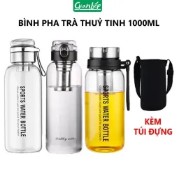 Bình Nước Thủy Tinh Thể Thao 1000ML Chịu Nhiệt Có Lõi Lọc Trà Inox 304 Kèm Túi Đựng Quai Xách