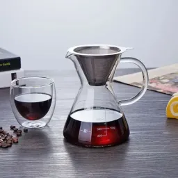 Bình Pha Cà Phê Chemex Tay Cầm Thủy Tinh Có Phễu Inox 500ML