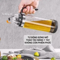 Chai Lọ Bình Thủy Tinh Đựng Dầu Ăn có Chia Vạch Tay Cầm Nắp Mở Tự Động Thông Minh 550ML Tronh Nhà Bếp