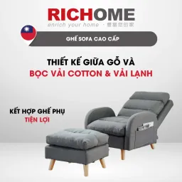 Ghế Sofa Thư Giãn - RICHOME P-R-SF066GR - Thiết Kế Ngả Lưng Đến 180 Độ, Đôn Rời Tiện Lợi, Sang Trọng