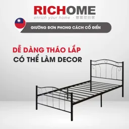 Giường Sắt Đơn Phong Cách Cổ Điển RICHOME BE258 Khung Sắt Chắc Chắn Dễ Dàng Tháo Lắp