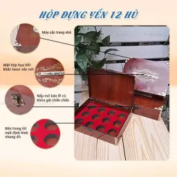 Hộp Gỗ Đựng Yến Sào 12 Hủ HAMET. Hộp Có Khóa Gài, Bên Trong Cắt Mút Lót Nhung Định Hình Làm Hộp Quà Tặng Yến Cao Cấp