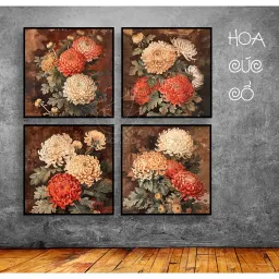 (Hoa Cúc Cổ) 60x60cm, tranh in vải canvas lụa kimsa, đủ khung và đinh treo.