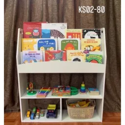 Kệ sách cho bé, kệ đồ chơi, giá sách gỗ 3 tầng, giá sách kết hợp kệ đồ chơi Montessori cho bé KS02