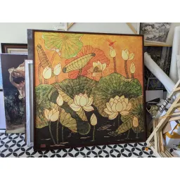 NEW - Sen Trắng Vàng 100x100cm bản in canvas đủ khung và đinh treo