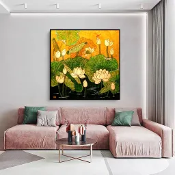 NEW - Sen Trắng Vàng 100x100cm bản in canvas đủ khung và đinh treo