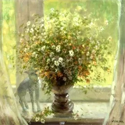 (New) Tranh in bình hoa dạng sơn dầu, kích thước 60x60cm, đủ khung và đinh treo