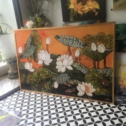 (New) Tranh in vải canvas hoa sen - kích thước 90x135cm - đủ khung và đinh treo