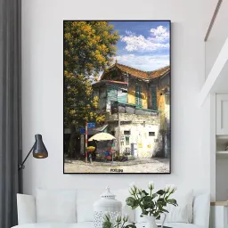 (NEW) Tranh in vải Hà Nội cũ 60x90cm - Tranh in vải canvas, đủ khung và đinh treo tranh