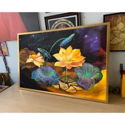 Tranh sen vàng, tranh in vải canvas lụa kimsa, kích thước 60x90cm đủ khung và đinh treo