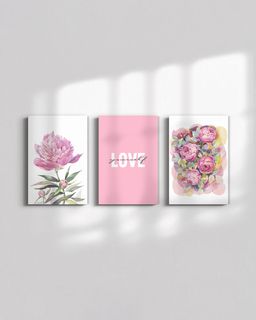 Bộ 3 Tranh Pink Flower Love Watercolor
