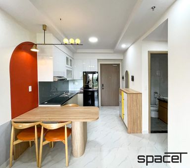  Phòng bếp, Phòng ăn, Lối vào - Căn hộ Happy One 2PN - Phong cách Color Block 