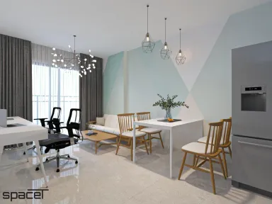 Phòng khách Phòng ăn Phòng làm việc - Cải tạo Căn hộ Golden Mansion Phú Nhuận - Phong cách Color Block + Scandinavian
