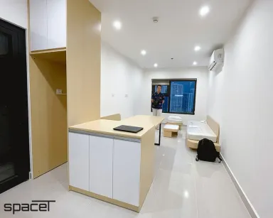 Phòng khách Phòng bếp - Căn hộ 40m2 The Origami (Vinhomes) - Phong cách Japandi