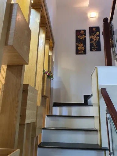 Lối vào Cầu thang - Nhà phố gam màu đất xây mái bằng hiện đại cho người mệnh Thổ