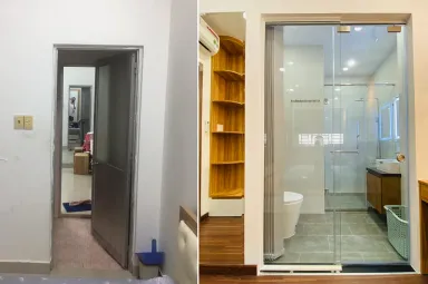 Phòng tắm Lối vào - Cải tạo nhà 44m2 từ 2 tầng: sửa 1 tầng thành tầng lửng, giải phóng không gian