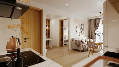 Phòng khách Phòng bếp - Căn hộ phong cách Hiện đại kết hợp Farmhouse mộc mạc, ấn tượng
