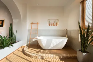 Phòng tắm - Căn hộ Muji 45m2 tường vòm bố trí bồn tắm ở phòng khách lạ mắt 