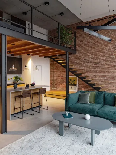Phòng khách - Căn hộ thông tầng thiết kế Industrial độc đáo